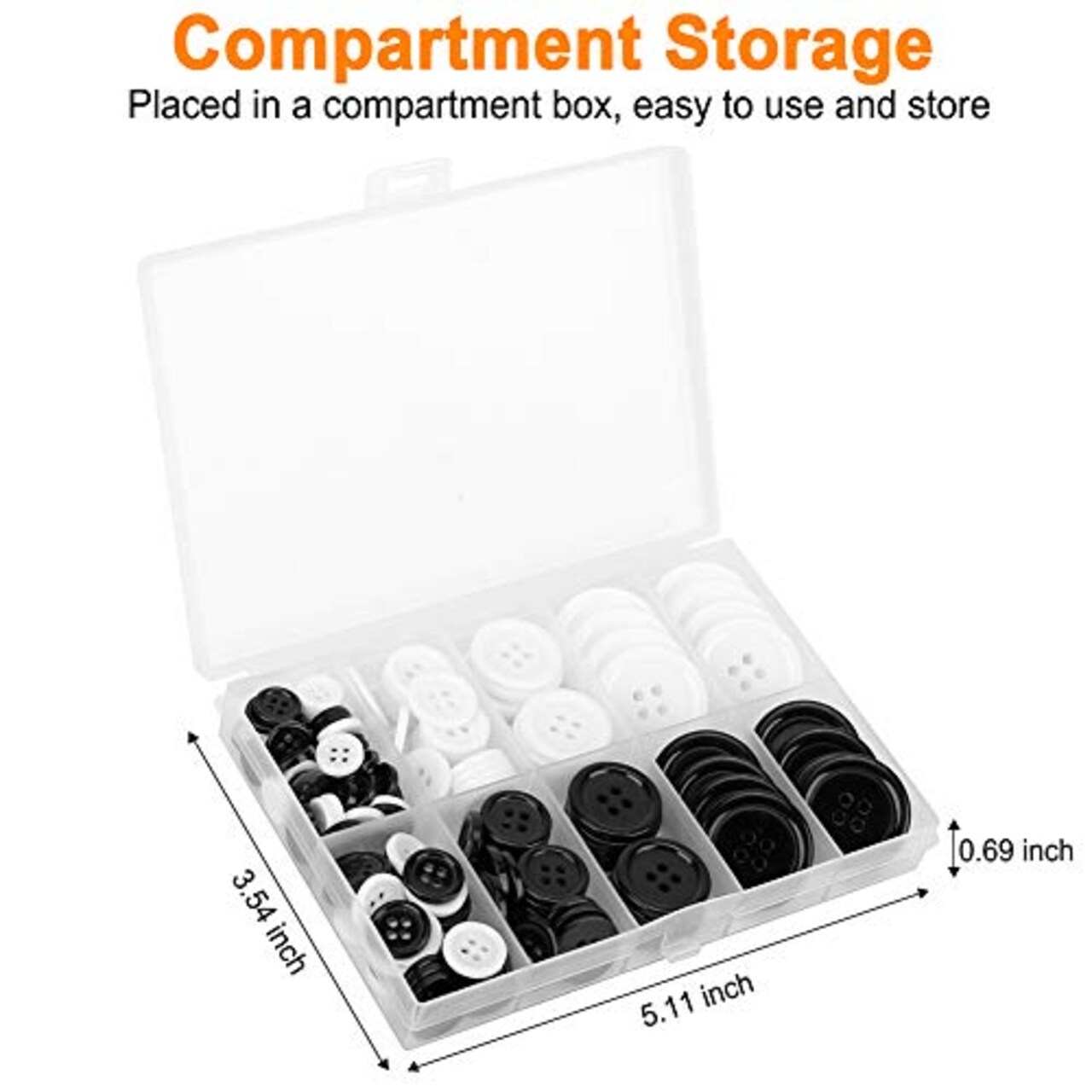 160 Pieces Mixed Sewing Buttons, Round Black 4-Hole Craft Buttons, 5 Sizes White Resin Button, with Separate Compartment Storage Box, Suitable for Sewing, Craft Projects and Holiday Decoration